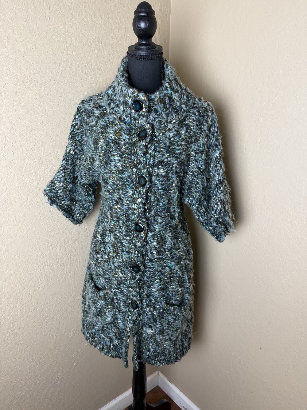 Tabitha Anthropologie Women's M Wool Blend Long Cardigan Coat Blue Green Tweed